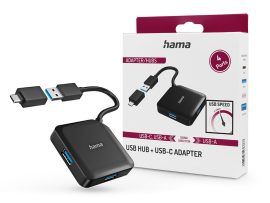 HAMA USB-A / Type-C elosztó HUB 4x USB-A bemenettel - HAMA HUB + USB-C Adapter -fekete