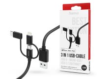   HAMA USB-A - micro USB / Type-C / Lightning adat- és töltőkábel 1,5 m-es        vezetékkel - HAMA 3in1 USB-Cable - fekete