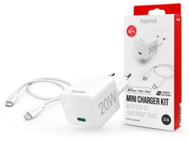 HAMA hálózati töltő adapter Type-C bemenettel + Type-C - Lightning kábel - 20W -HAMA Mini Charger Kit - fehér