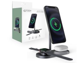 Tech-Protect Qi univerzális vezeték nélküli töltő állomás - 18W - Tech-Protect  A22 3in1 Wireless Charger for Phone + Watch + Earphone - szürke