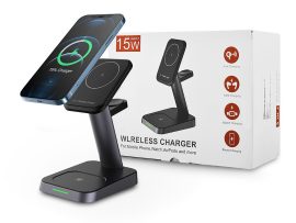 Tech-Protect Qi univerzális vezeték nélküli töltő állomás - 15W - Tech-Protect  W68 3in1 Wireless Charger for Phone + Watch + Earphone - fekete