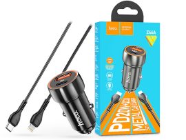 HOCO szivargyújtós töltő adapter USB + Type-C bemenettel + Lightning - Type-C   kábel - 20W - HOCO Z46A Quick Car Charger Set PD 20W + QC 3.0 - fekete