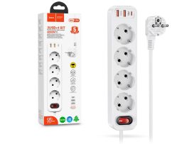 HOCO hálózati elosztó 4 kimenetes tápelosztó aljzattal, 20W Type-C PD3.0 és 18W 2xUSB-A QC3.0 gyorstöltő kimenettel - fehér