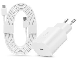 Samsung gyári hálózati töltő adapter Type-C bemenettel + 1,8 m-es Type-C -      Type-C kábel - 25W - EP-TA800EWE + EP-DW767JWE - fehér (ECO csomagolás)