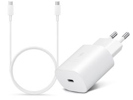 Samsung gyári hálózati töltő adapter Type-C bemenettel + 1 m-es Type-C - Type-C kábel - 25W - EP-TA800EWE + EP-DA705BWE - fehér (ECO csomagolás)