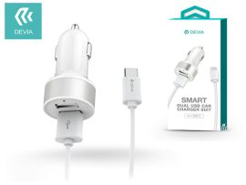 Devia 2xUSB szivargyújtó töltő adapter + USB - Type-C kábel 1 m-es vezetékkel - 12W - Devia Smart Dual USB Car Charger Suit - fehér