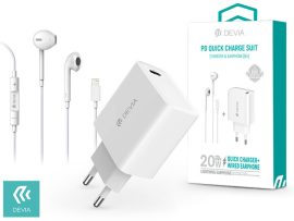 Devia hálózati töltő adapter Type-C bemenettel + Lightning/Bluetooth headset -  20W - Devia Smart Series PD3.0 Quick Charger Suit + Earphone - fehér