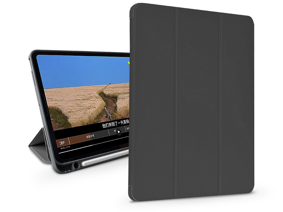 Apple iPad Pro 12.9 (2020/2021/2022) tablet tok (Smart Case) on/off funkcióval, Apple Pencil tartóval, mágneses töltővel - Devia Leather Case With Pencil Slot -fekete