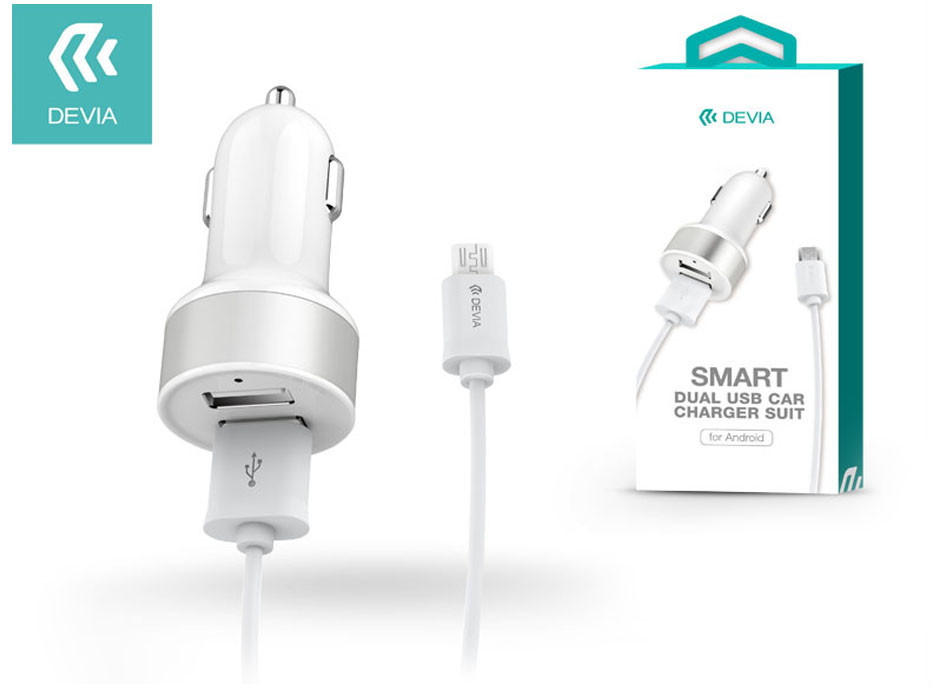 Univerzális Dual USB szivargyújtó töltő adapter + micro USB adatkábel 1 m-es vezetékkel - 5V/2,4A - Devia Smart Dual USB Car Charger Suit - white Univerzális Dual USB szivargyújtó töltő adapter + micro USB adatkábel 1 m-es vezetékkel - 5V/2,4A - Devia Smart Dual USB Car Charger Suit - white